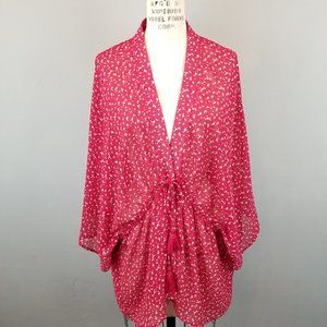 Lucky Brand Red Floral Kimono Top with Tassel Ties Women's One Size